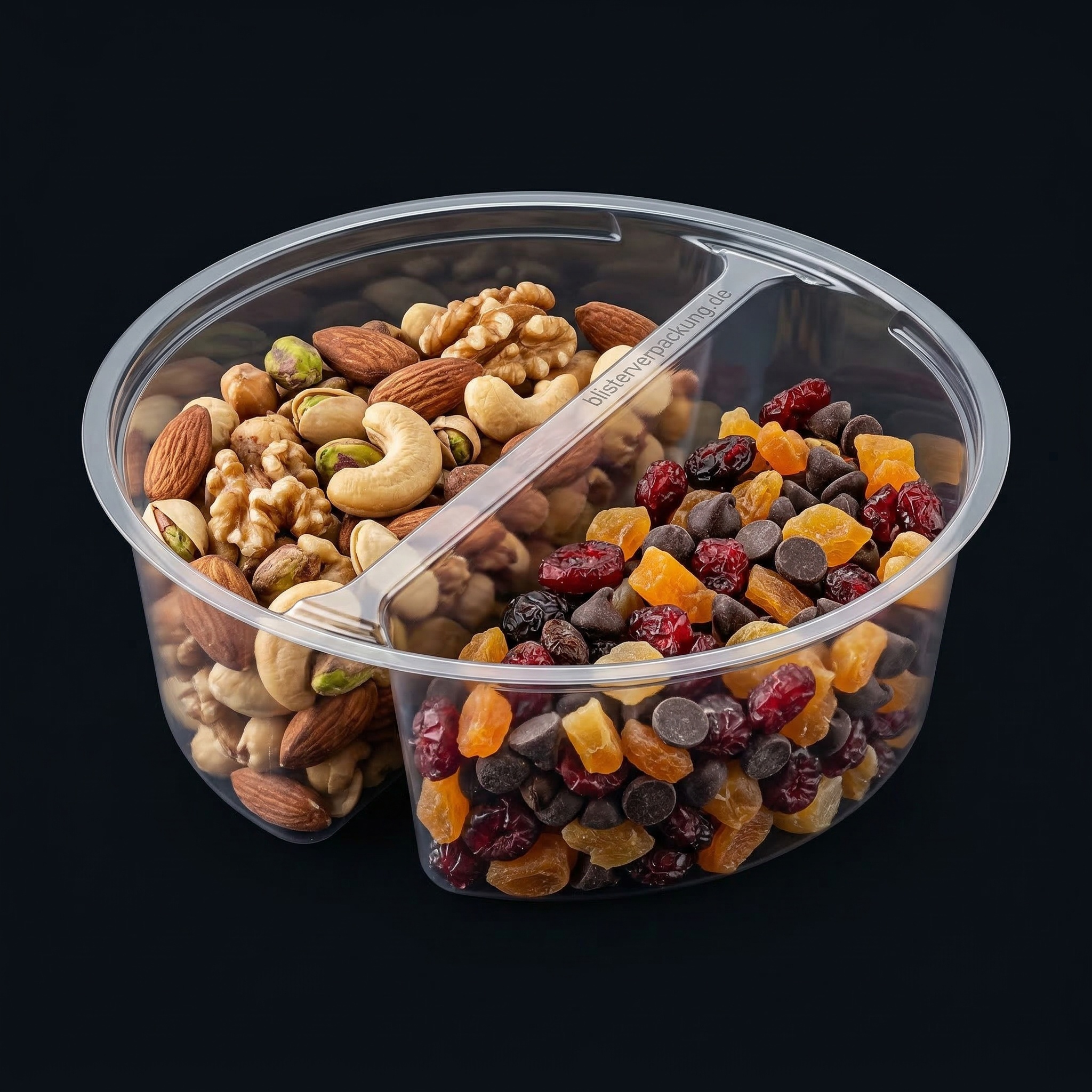 Snack tray 2-compartment PET with sauce section — Scafa Thermoforming